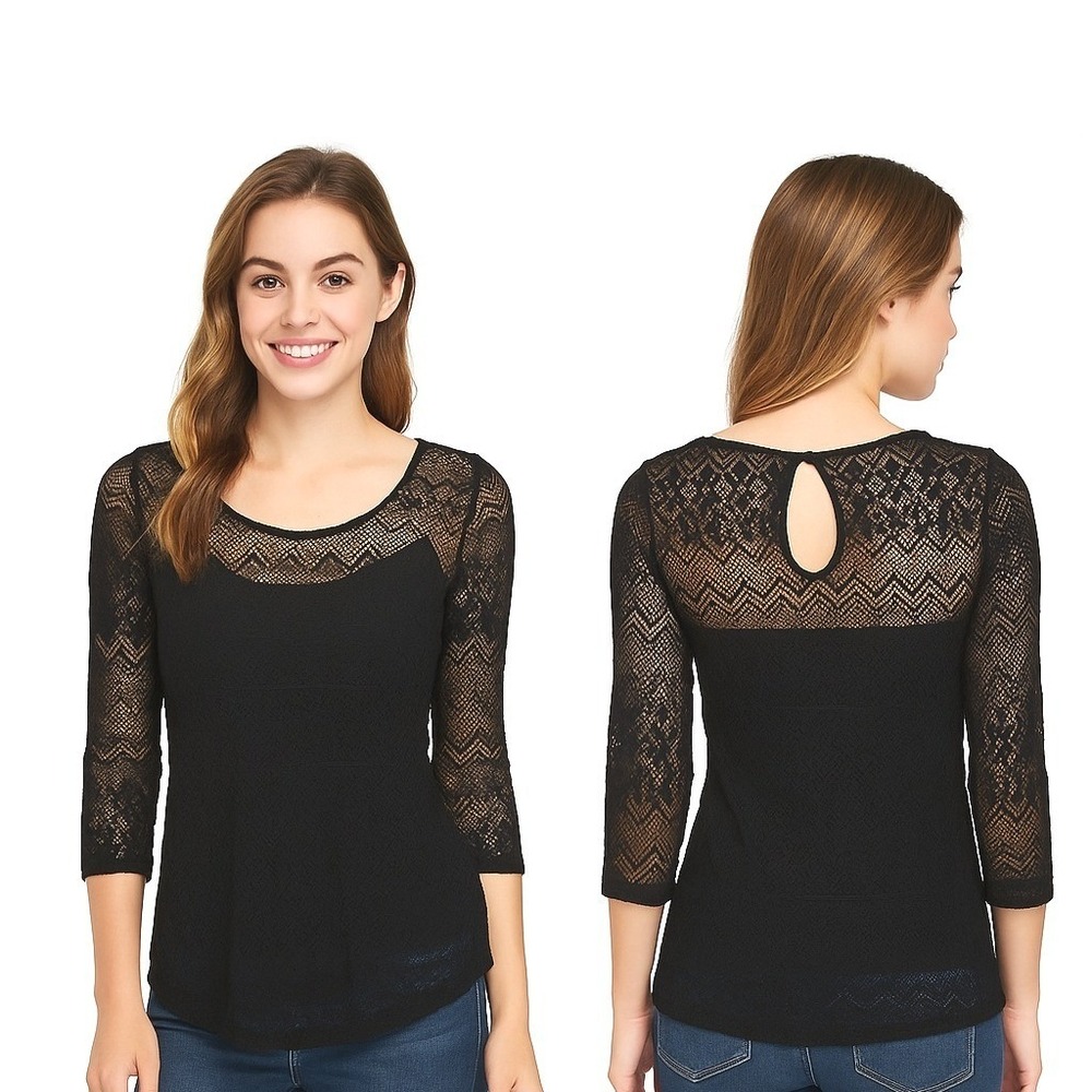 Bar III Crochet Lace Blouse Women Size S Black 3/4 Sleeve Keyhole Back Top
